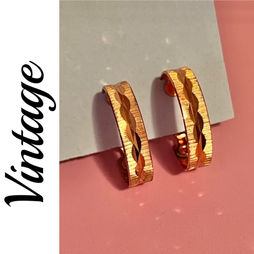 Vintage Etched Copper CLIP ON Hoop Earrings